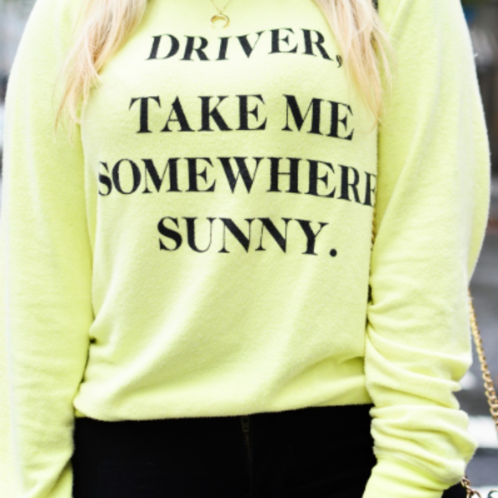 Wildfox Neon Yellow 'Driver, Take Me Somewhere Sunny.' Graphic Sweatshirt